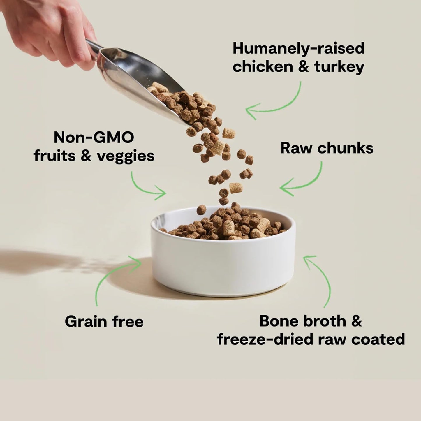 Open Farm grain free cat kibble close up showing freeze dried raw chunks