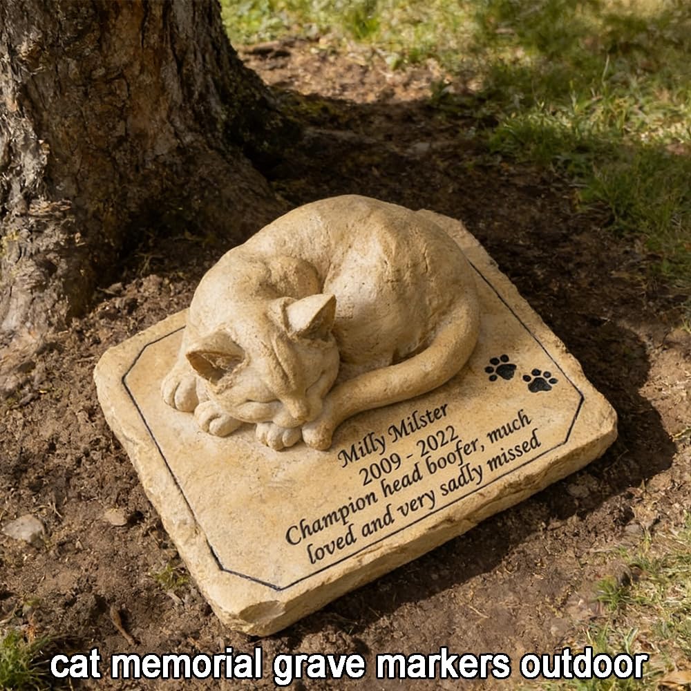 Personalized cat memorial stone set in natural outdoor setting