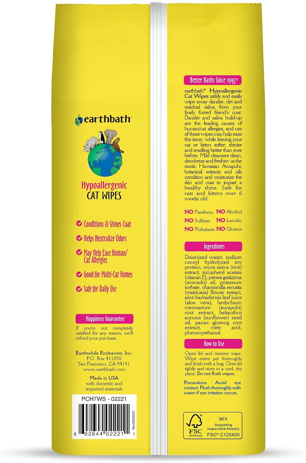 Earthbath fragrance free cat and dog pet wipes back label showing ingredients