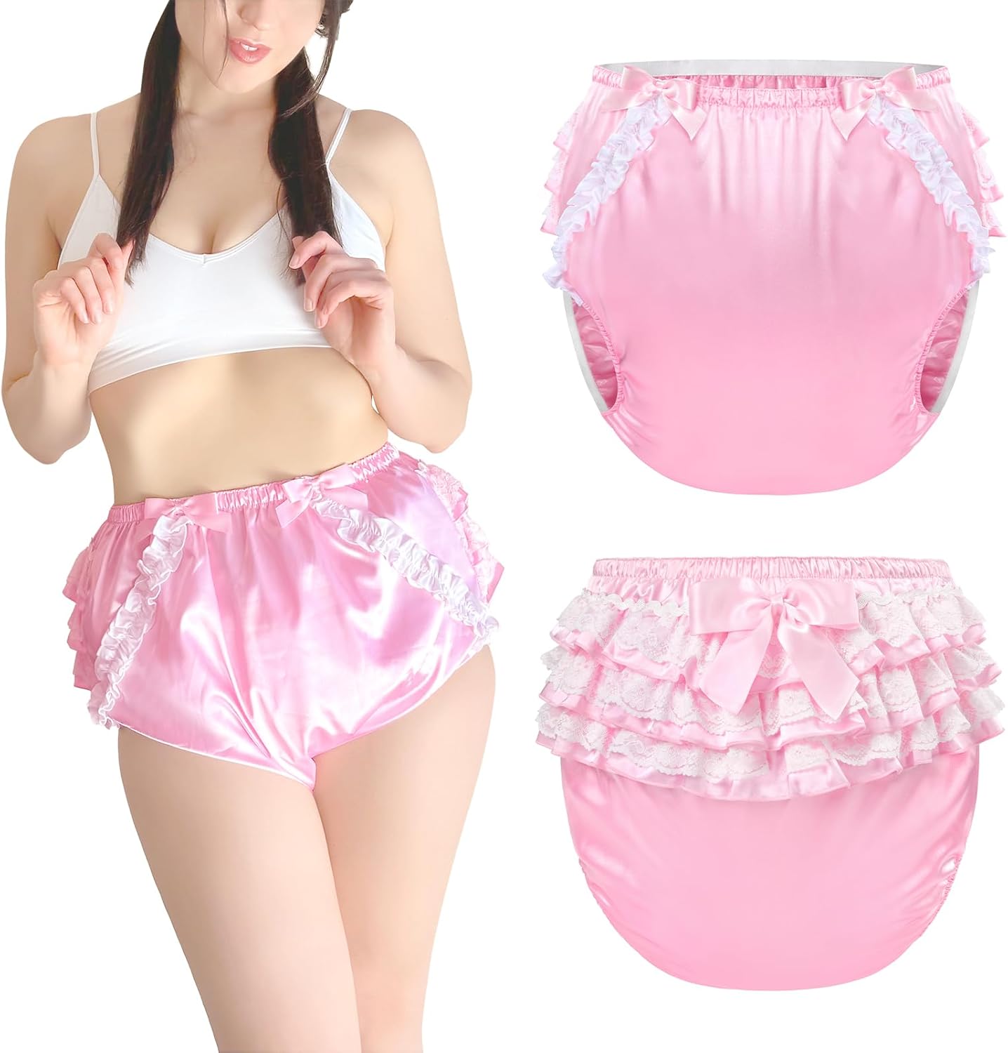LittleForBig Pretty In Pink Satin Diaper Cover front view with bows