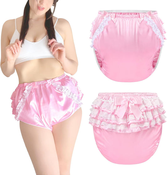 LittleForBig Pretty In Pink Satin Diaper Cover front view with bows
