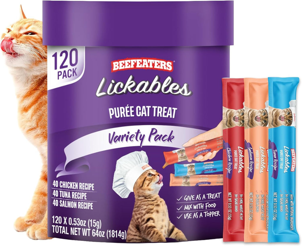 Beefeaters Lickable Cat Treats 48 Count - Puree Squeeze Up Tubes Variety Pack (Salmon, Tuna & Chicken) | Grain Free, Taurine Enriched, High Moisture for Picky Eaters | Cat Treat Topper or Snack - Image 12