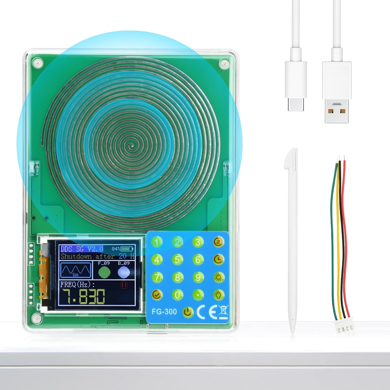 Aideepen FG-300 portable signal generator front view showing color TFT screen displaying a sine wave.