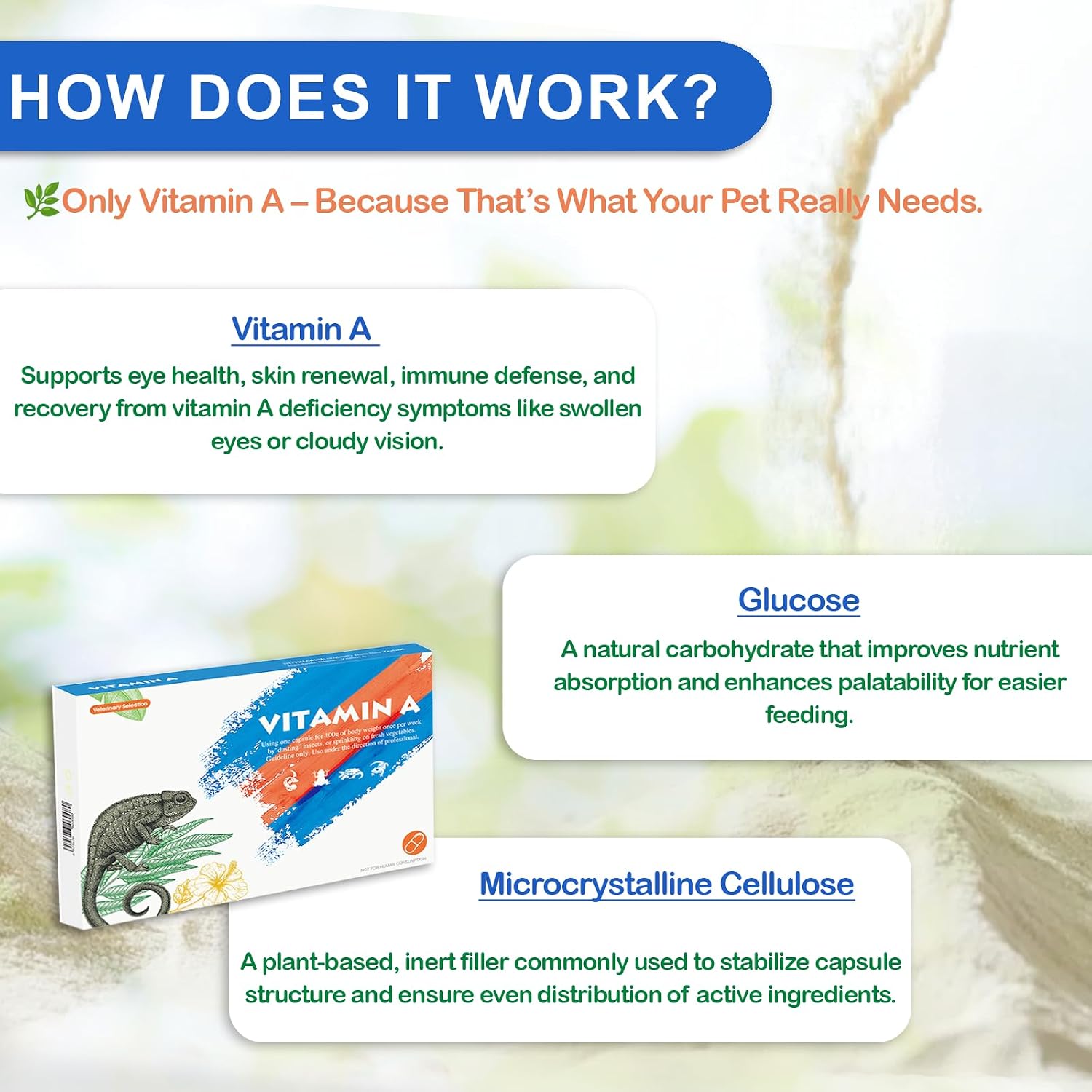 Veterinary grade reptile vitamin A supplement packaging