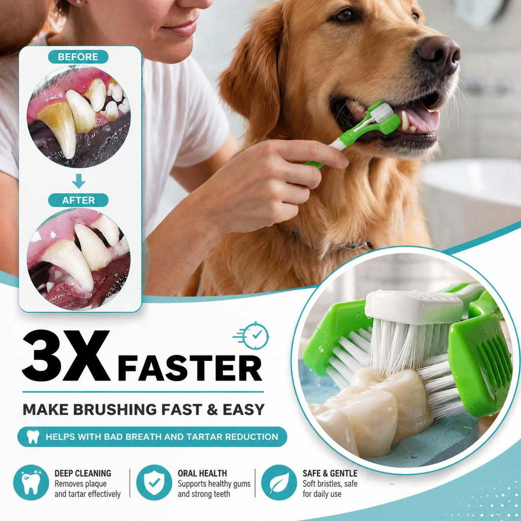 Triple-head dog toothbrush for deep cleaning