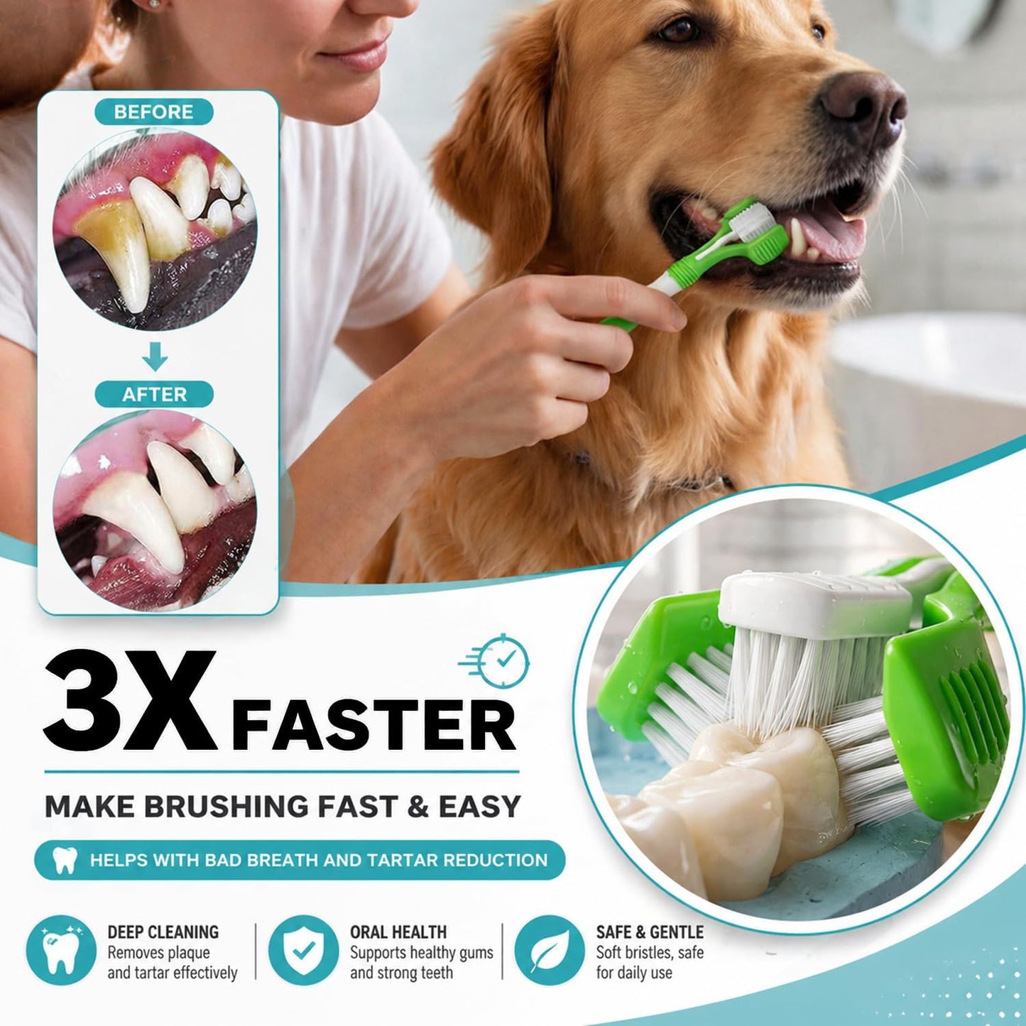 Triple-head dog toothbrush for deep cleaning