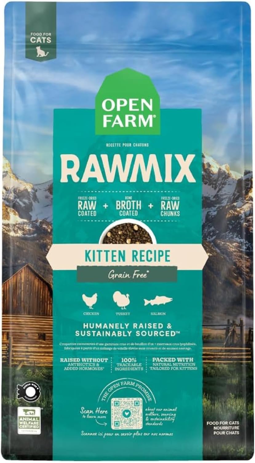 USA imported Open Farm dry cat food bag showcasing non GMO ingredients label
