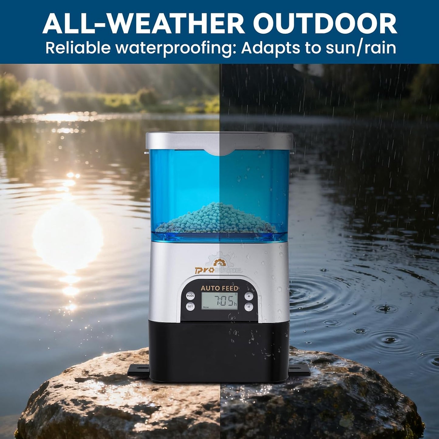 Proshine weather resistant fish dispenser operating under sunlight.