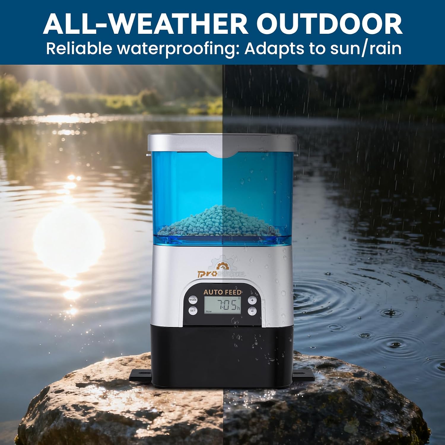 Proshine weather resistant fish dispenser operating under sunlight.