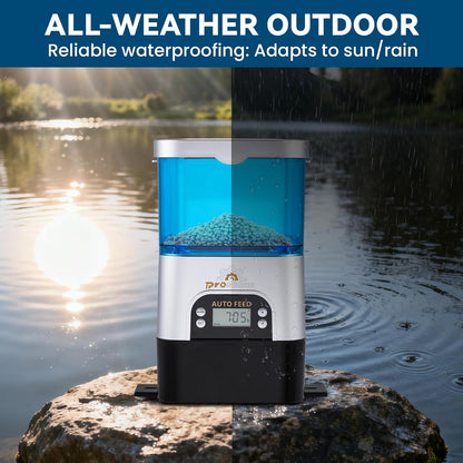 Proshine weather resistant fish dispenser operating under sunlight.