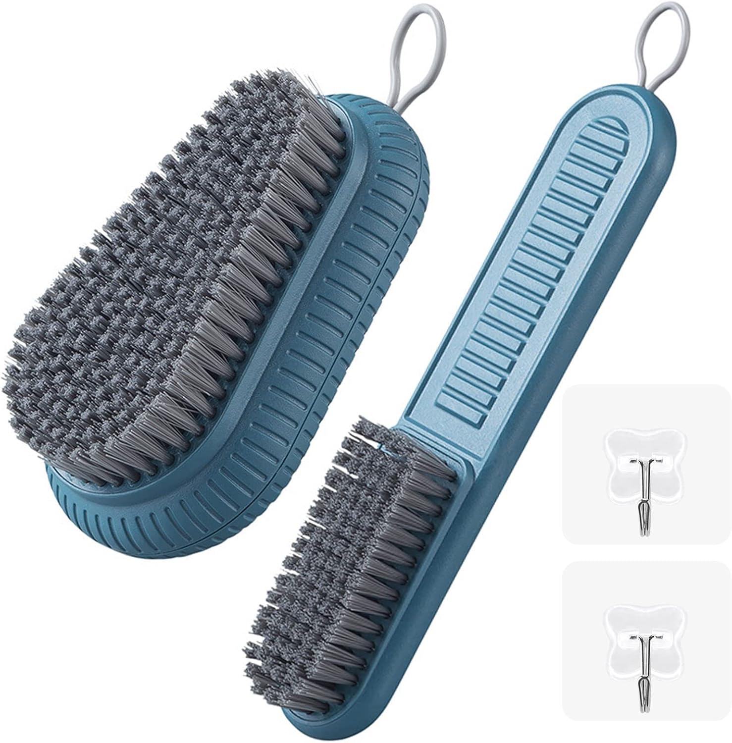 Emsiok heavy duty nail cleaning brush two piece set front view showing blue handles and stiff white bristles