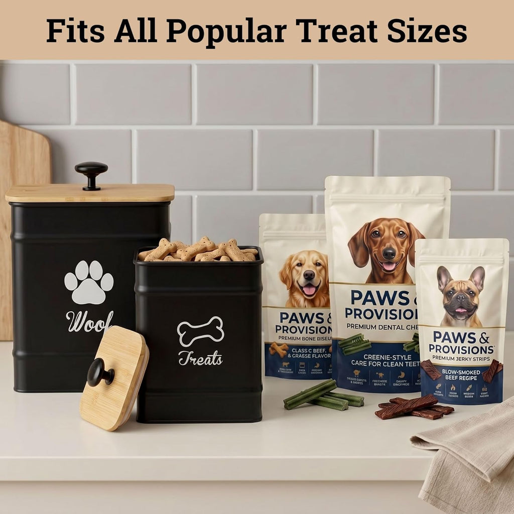 Black iron dog treat canister with stylish paw print