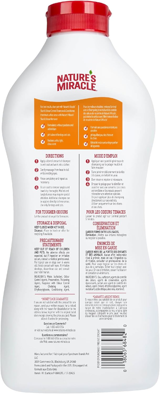 Nature's Miracle Thirty Two Fluid Ounce citrus scent pet deodorizing shampoo bottle.