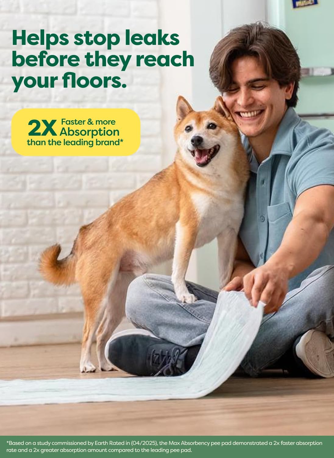 Earth Rated dog training pads large size packaging showing absorbency benefits