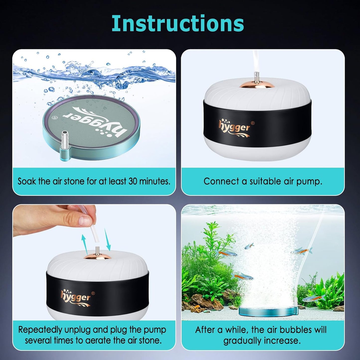 Hygger aquarium air stone unboxing presentation showing full accessory set