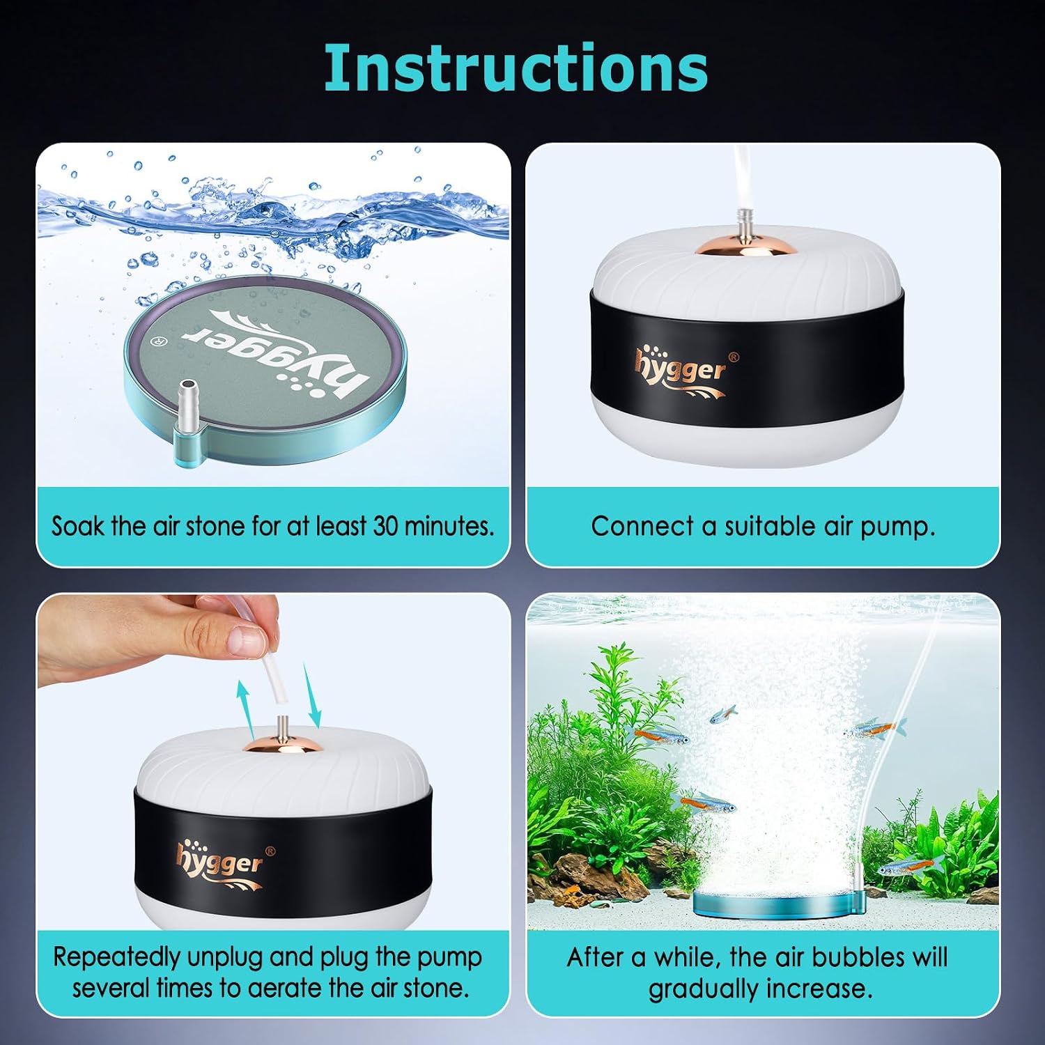 Hygger aquarium air stone unboxing presentation showing full accessory set