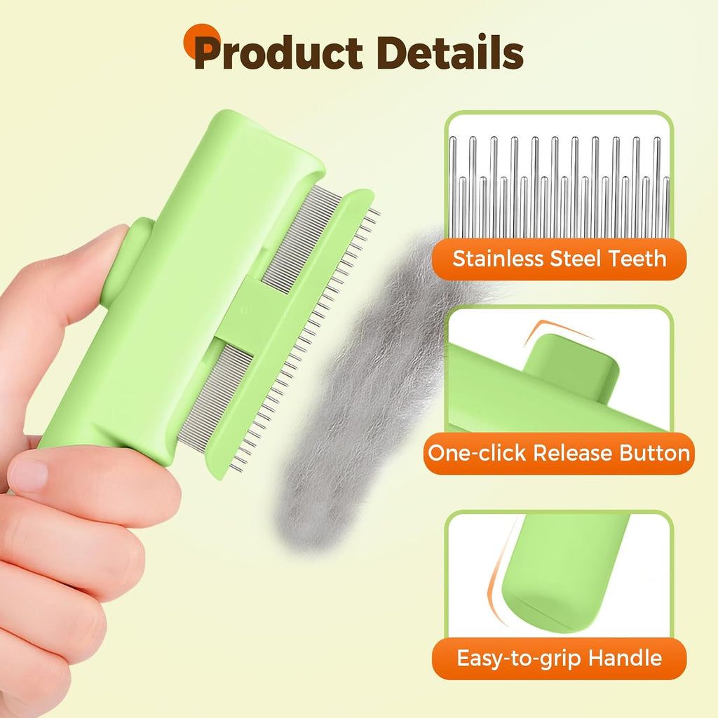 Close up view of the Zrpot deshedding brush one click release button mechanism.