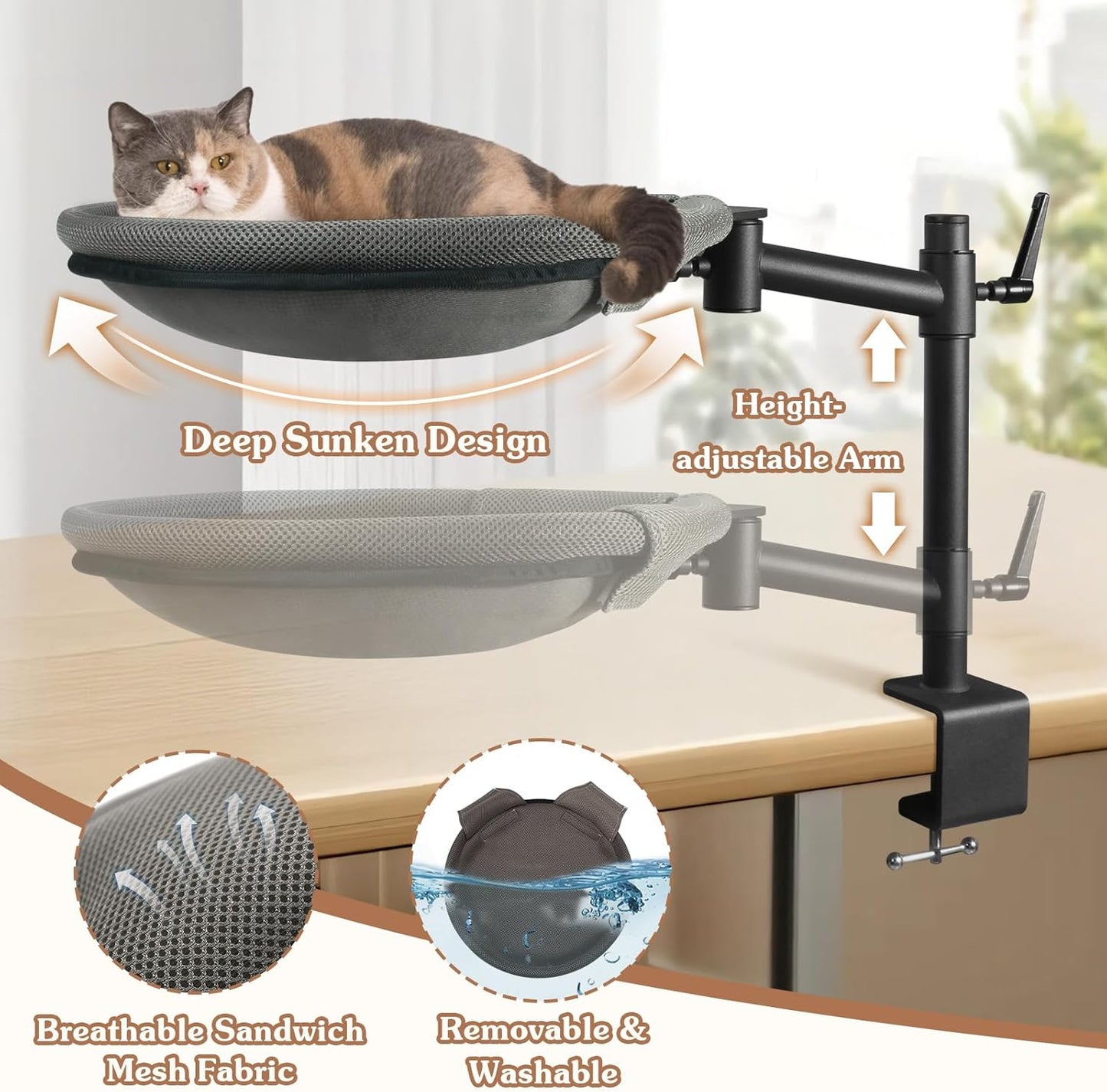 Side profile of elevated cat perch showing height adjustment