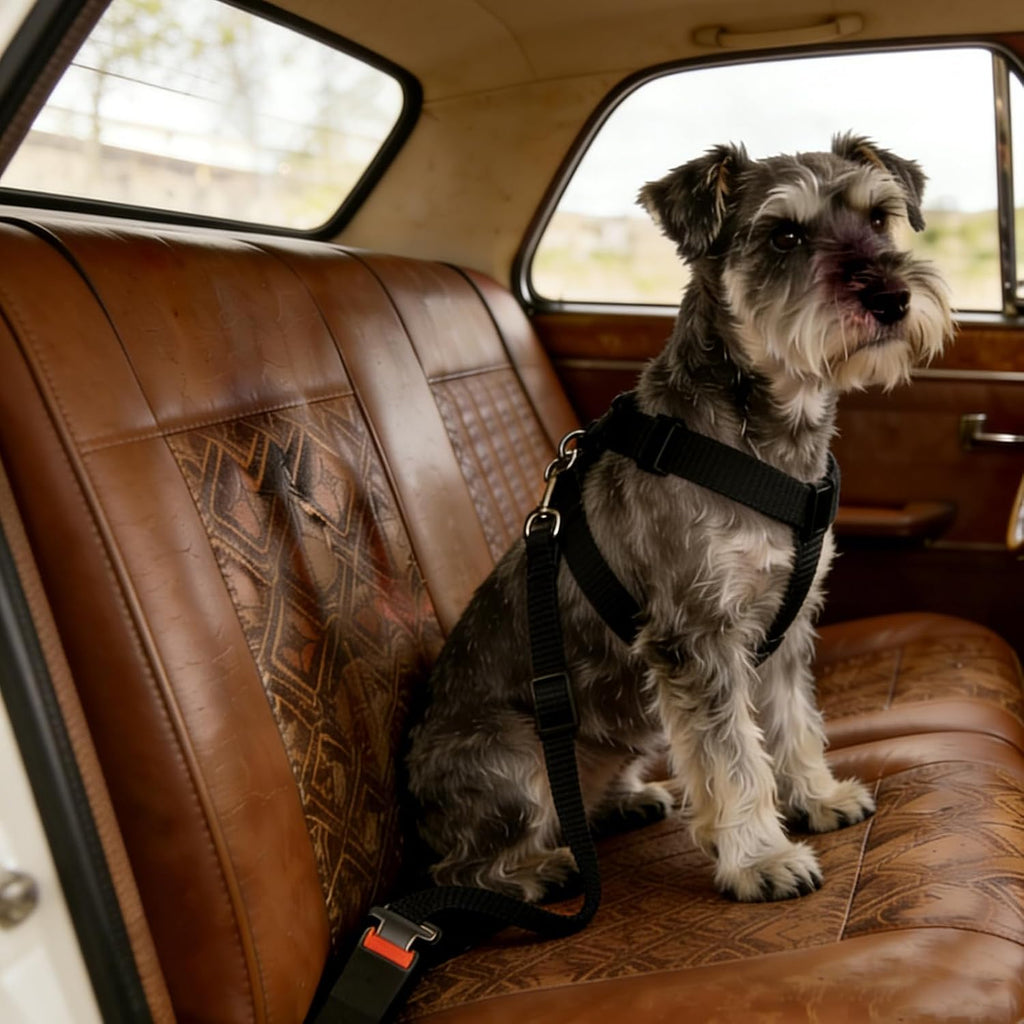 Small dog secured with Elisel car safety belt in vehicle
