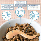 Cat eating dry food with Inaba Churu topper applied