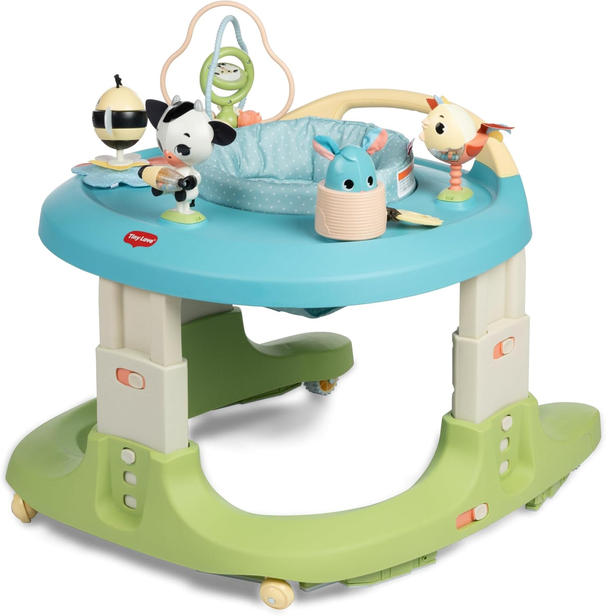 Tiny Love 4-In-1 Play And Go Mobile Activity Center front view showcasing teal frame and toys.