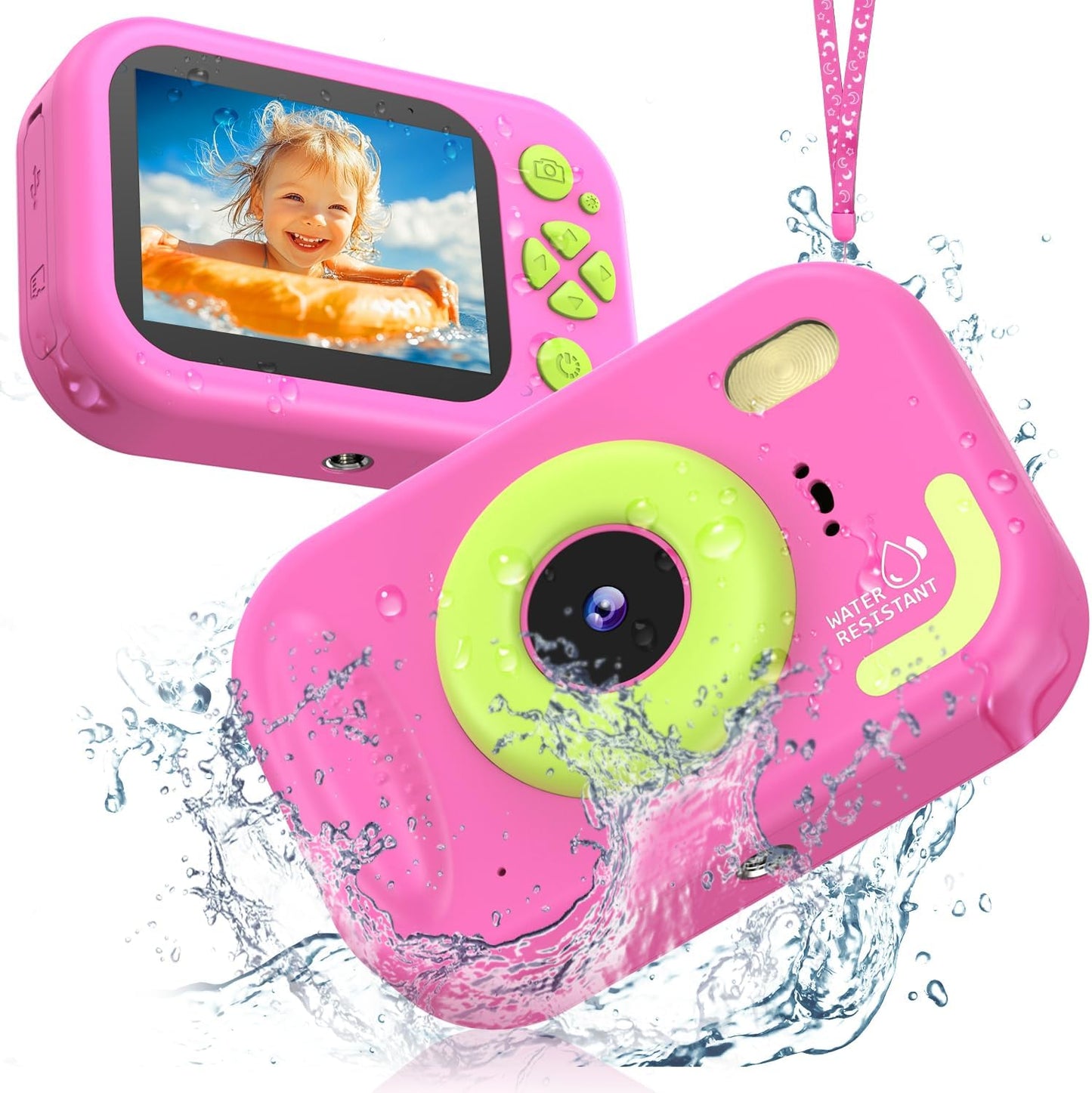 Usteetic kids waterproof digital camera pink front view featuring durable lime green accents and rugged lens assembly.