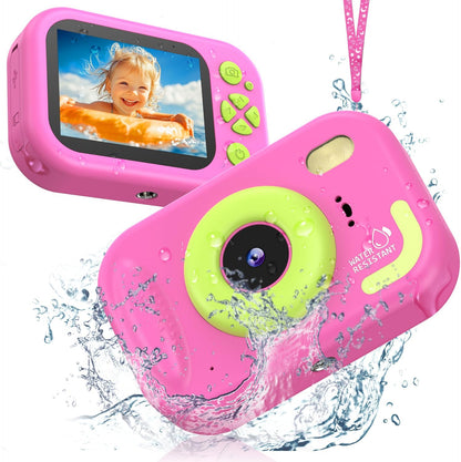 Usteetic kids waterproof digital camera pink front view featuring durable lime green accents and rugged lens assembly.