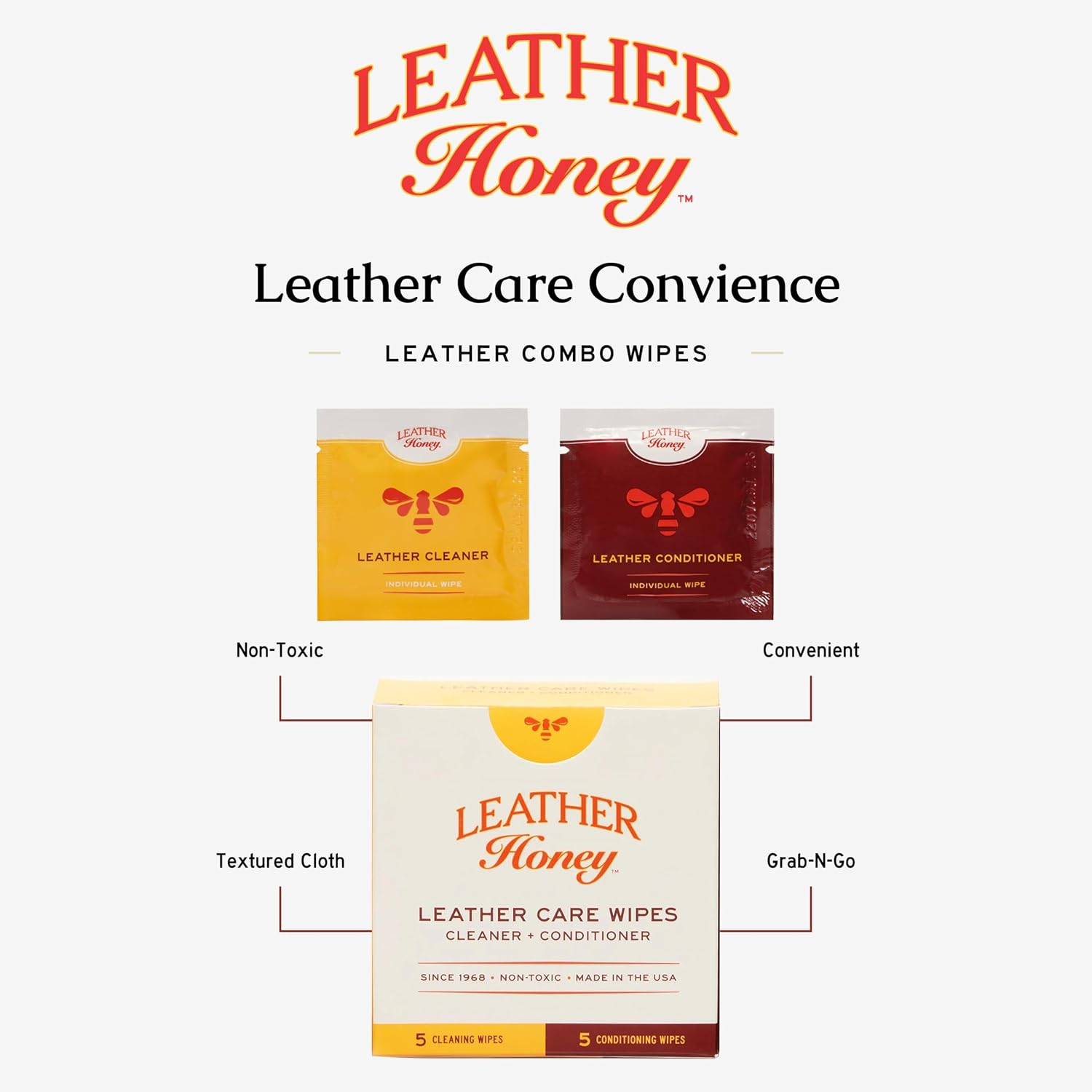 Leather Honey cleaner spray and wipes bundle application on leather sofa