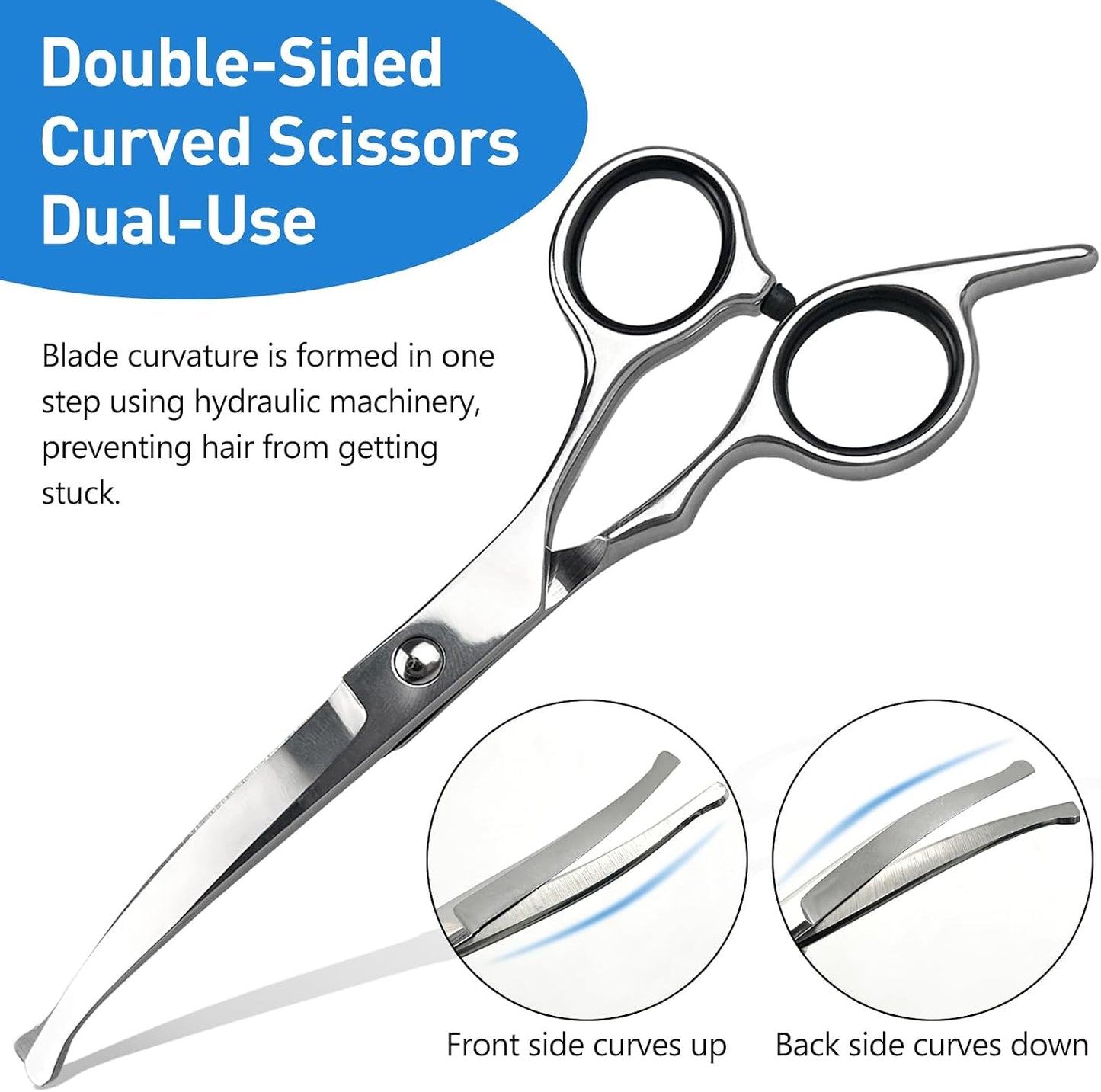 Jaasuee curved dog grooming scissors showing ergonomic handles and built-in silencer pads