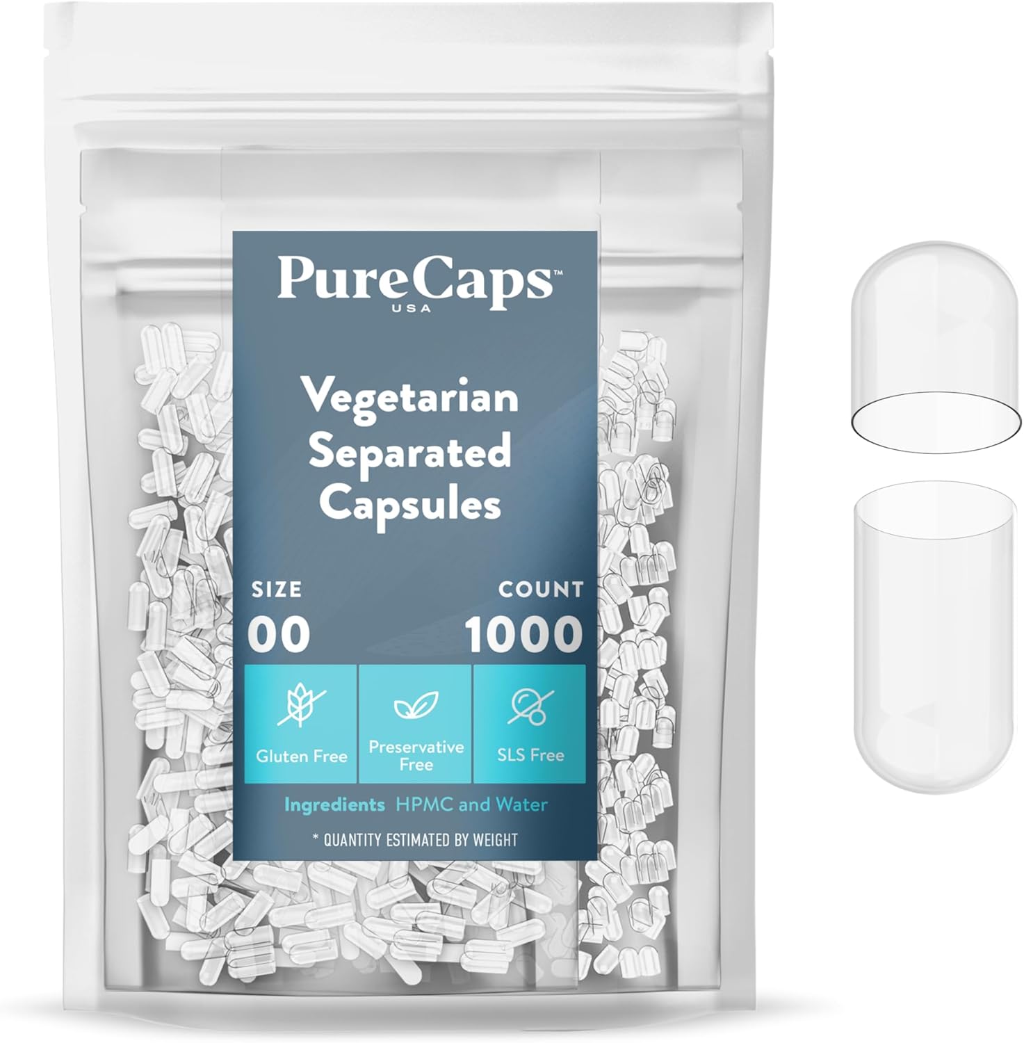 PureCaps USA size 00 empty vegetarian capsules clear front view