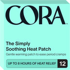 Cora Heat Relief Patch twelve count front packaging view showing menstrual cramp comfort product.