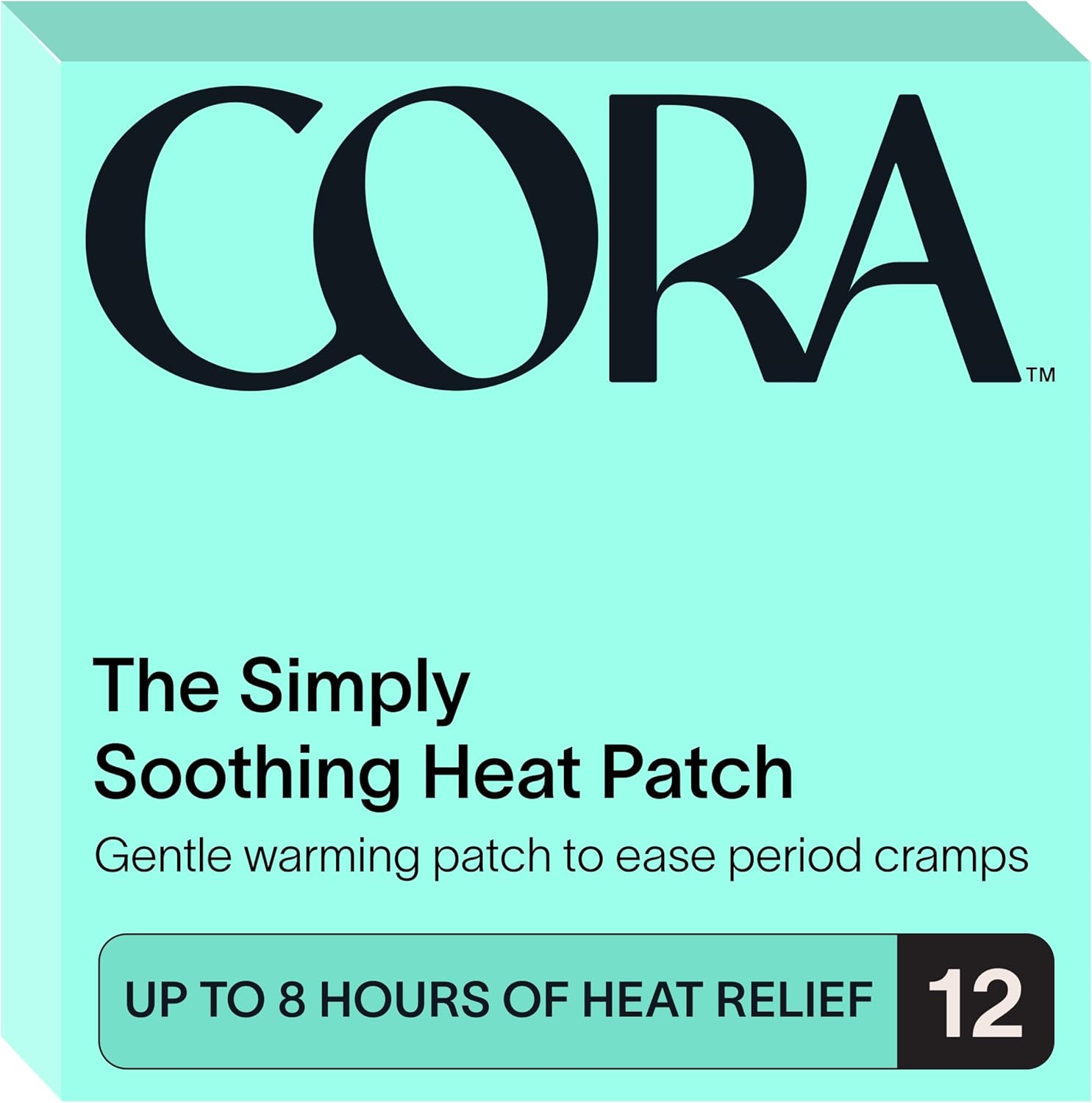 Cora Heat Relief Patch twelve count front packaging view showing menstrual cramp comfort product.