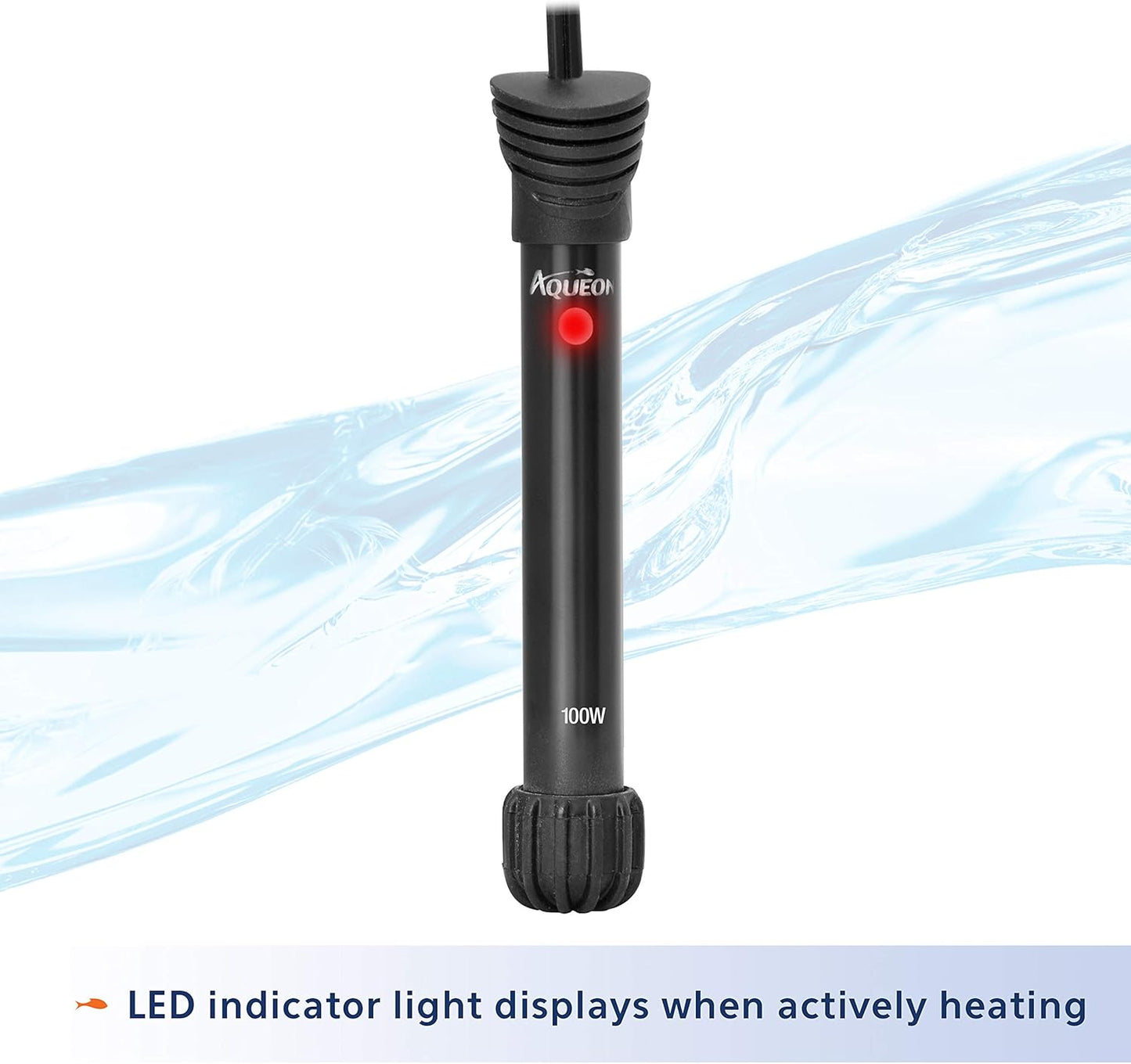 Aqueon submersible aquarium heater showing shatter-resistant glass
