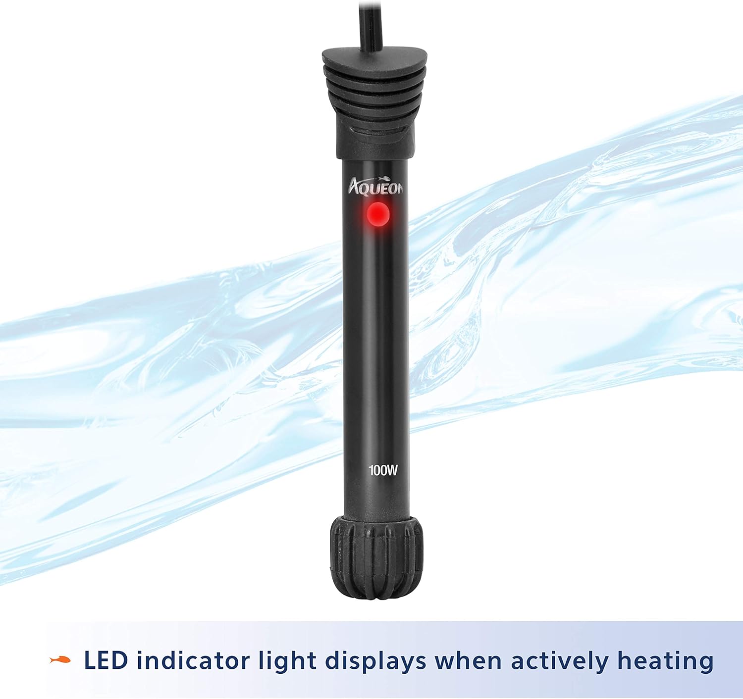 Aqueon submersible aquarium heater showing shatter-resistant glass