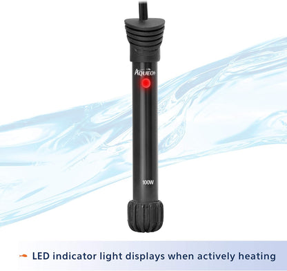Aqueon submersible aquarium heater showing shatter-resistant glass