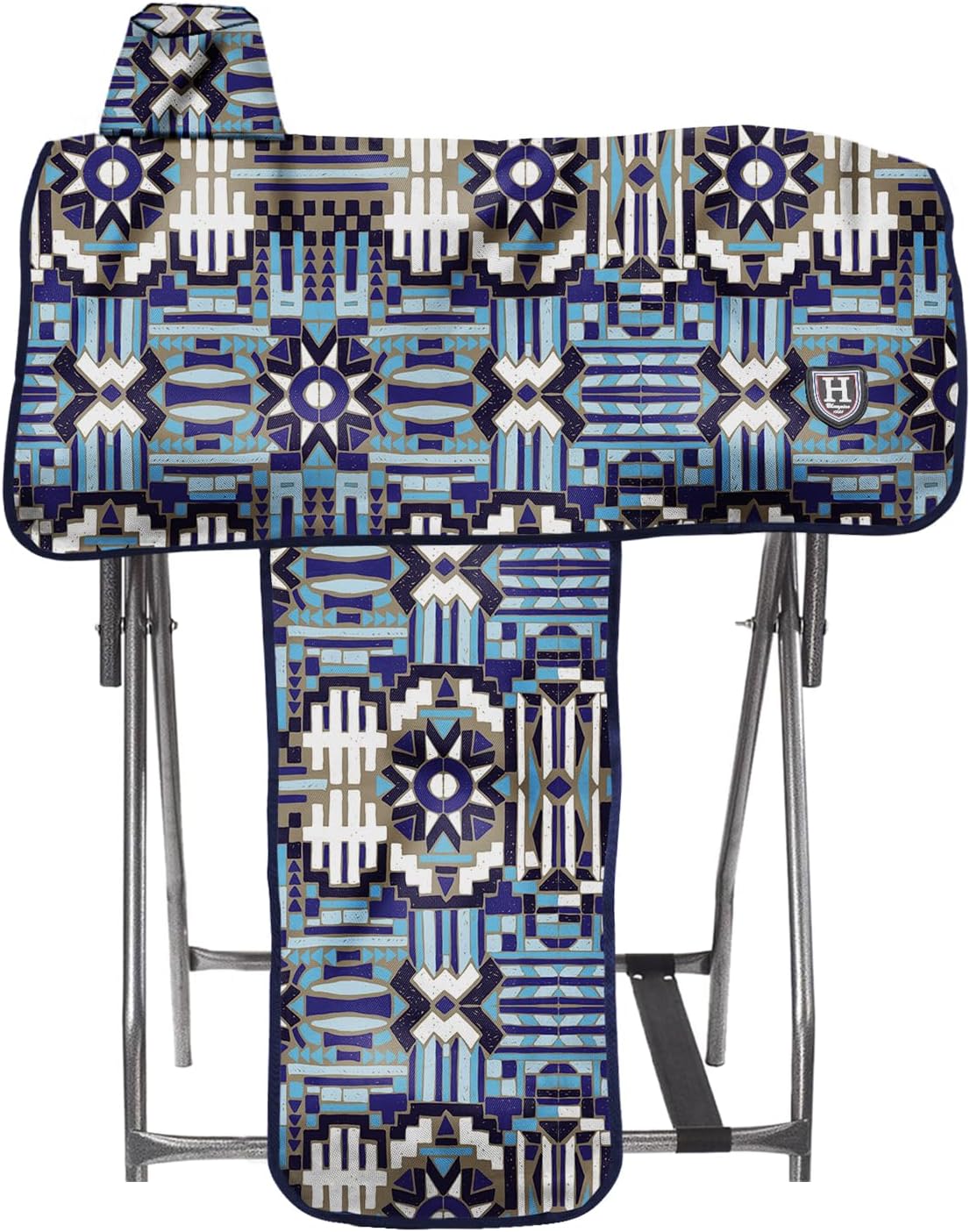 Premium western saddle cover showing full coverage of cantle and fenders in storage.