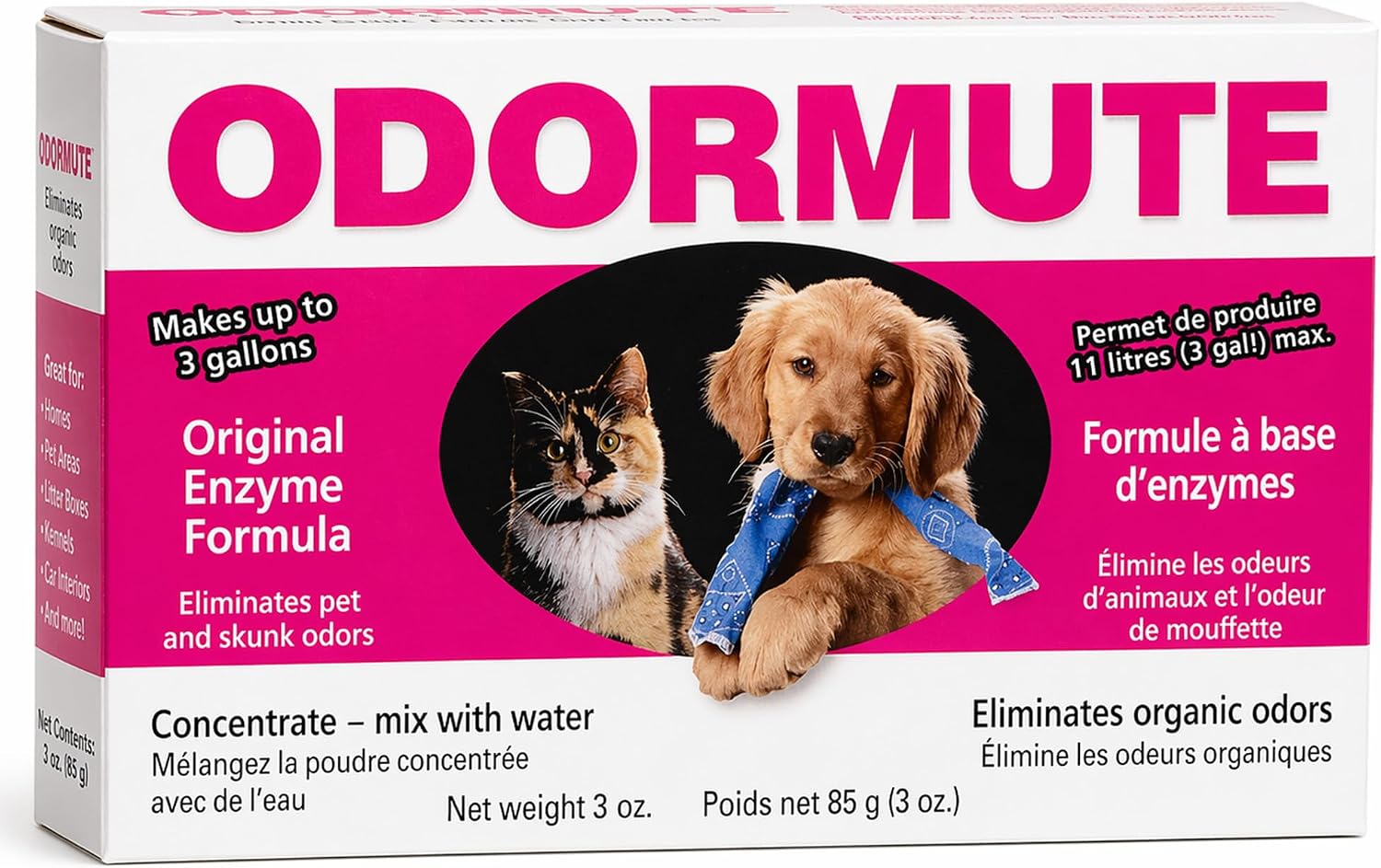 Fragrance free pet urine cleaner powder concentrate showing twenty gallon yield instructions.