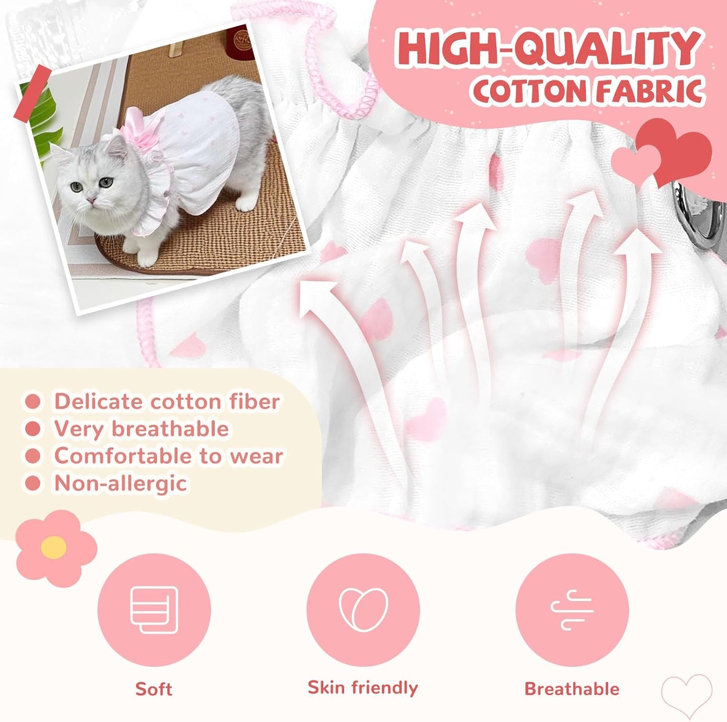 Light pink cotton cat dress featuring high cut belly design for potty convenience