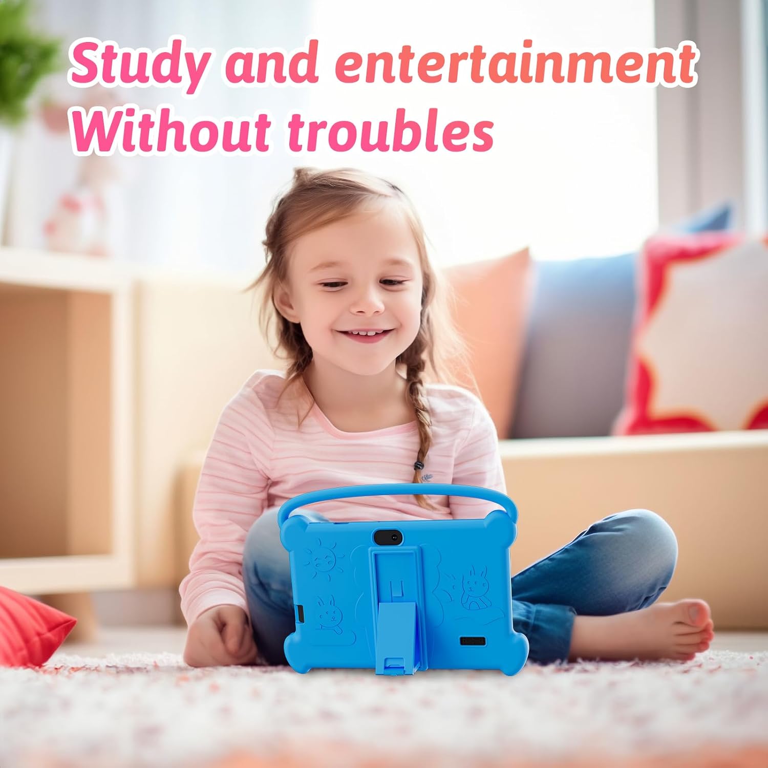 DIGITHINK educational Android tablet showcasing the premium blue silicone drop-resistant bumper case from a rear angle.
