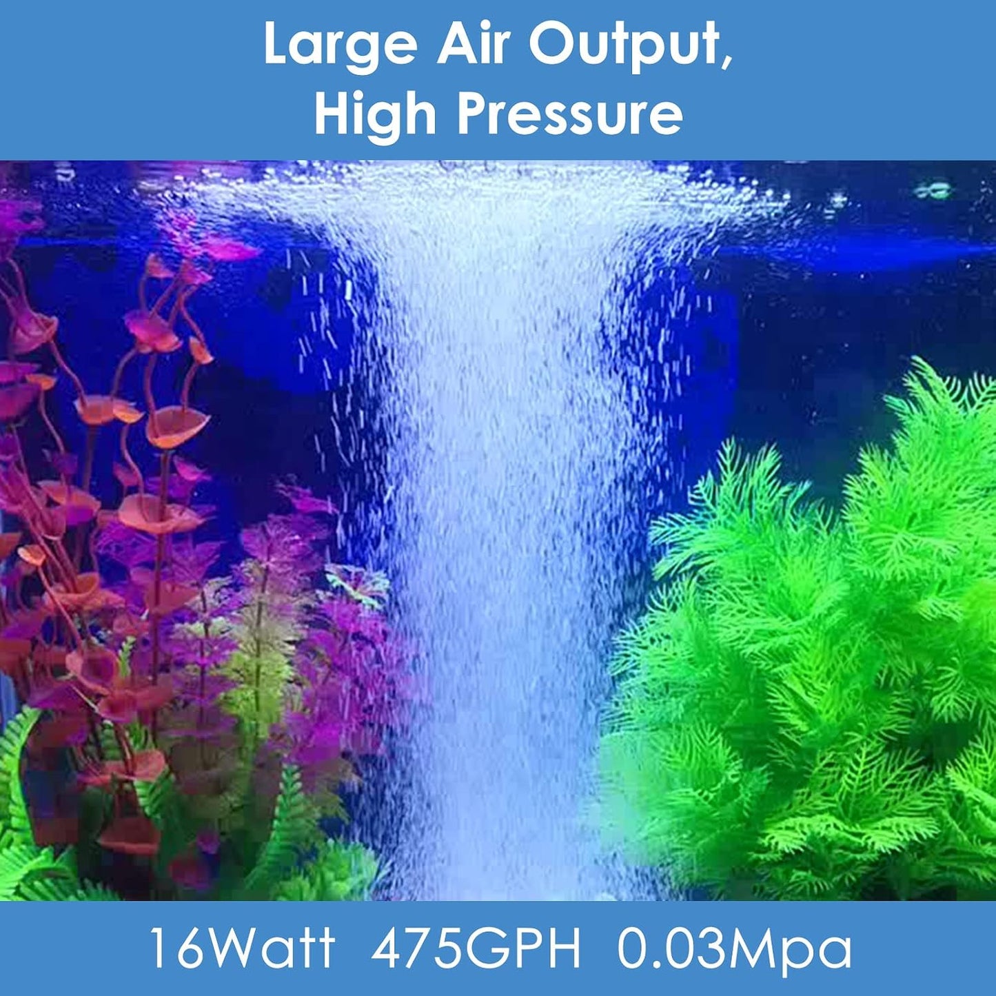 AquaMiracle 16W aquarium air pump showing aluminum alloy housing