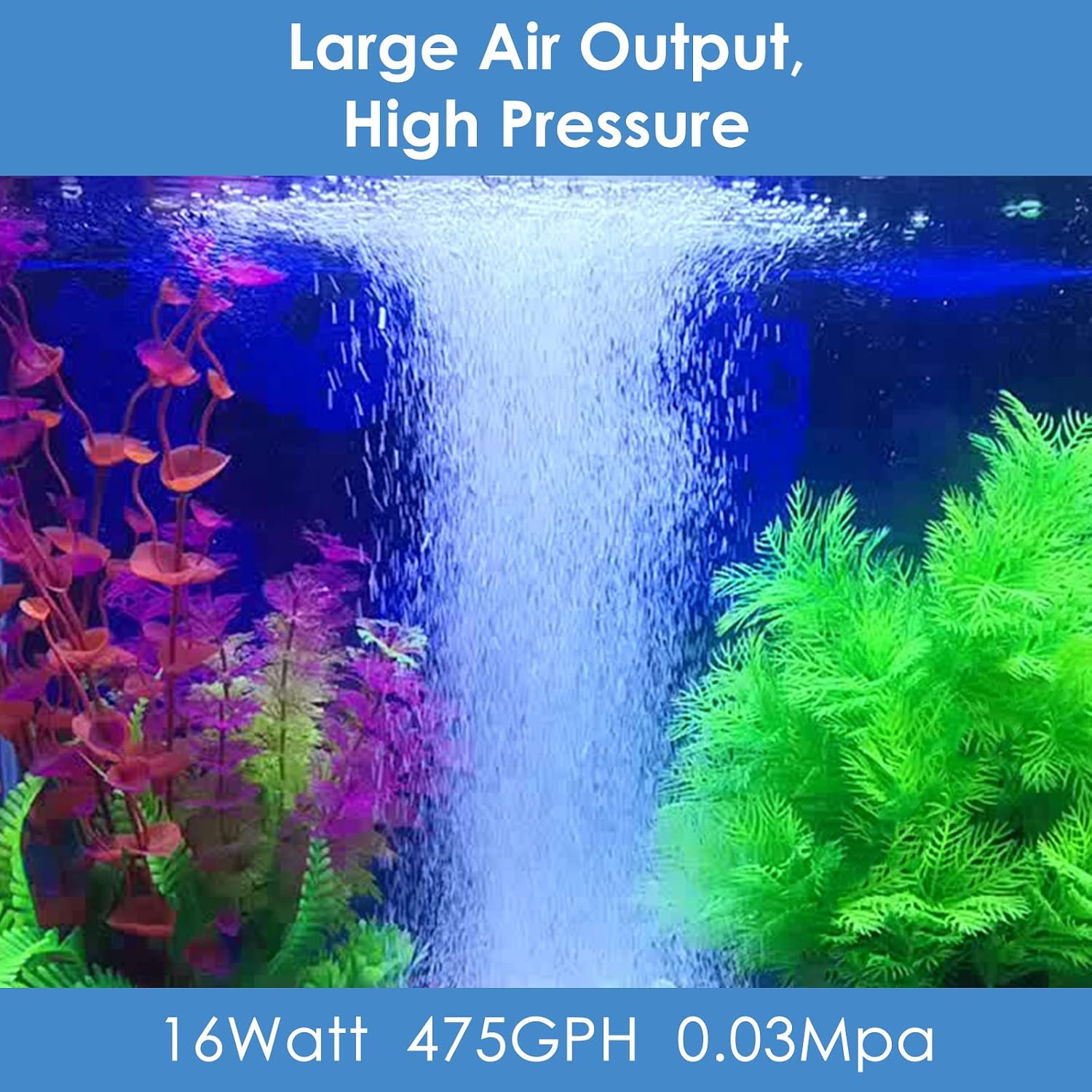 AquaMiracle 16W aquarium air pump showing aluminum alloy housing