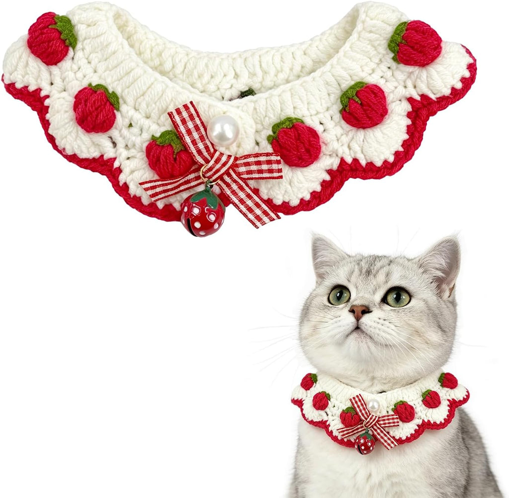 EQUNROY handmade crochet cat breakaway collar front view with strawberry design