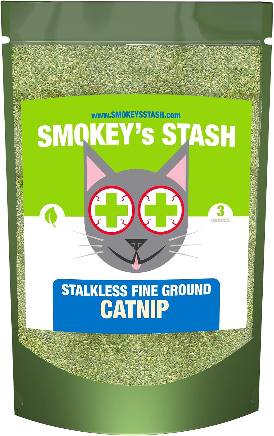 Premium imported Smokey's Stash catnip pouch displaying back labels and product information