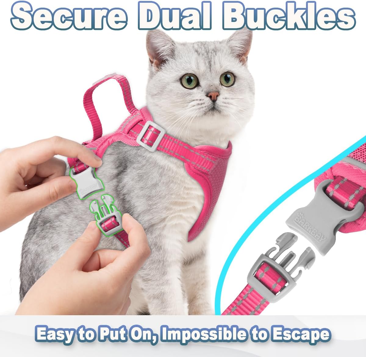 Quick snap buckles and adjustable straps on Barkbay pet harness