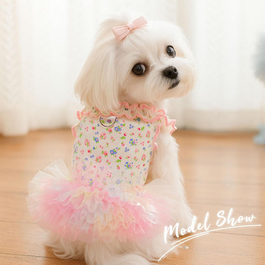 AXIIJGL pet princess frock displaying the integrated metal leash D-ring buckle.