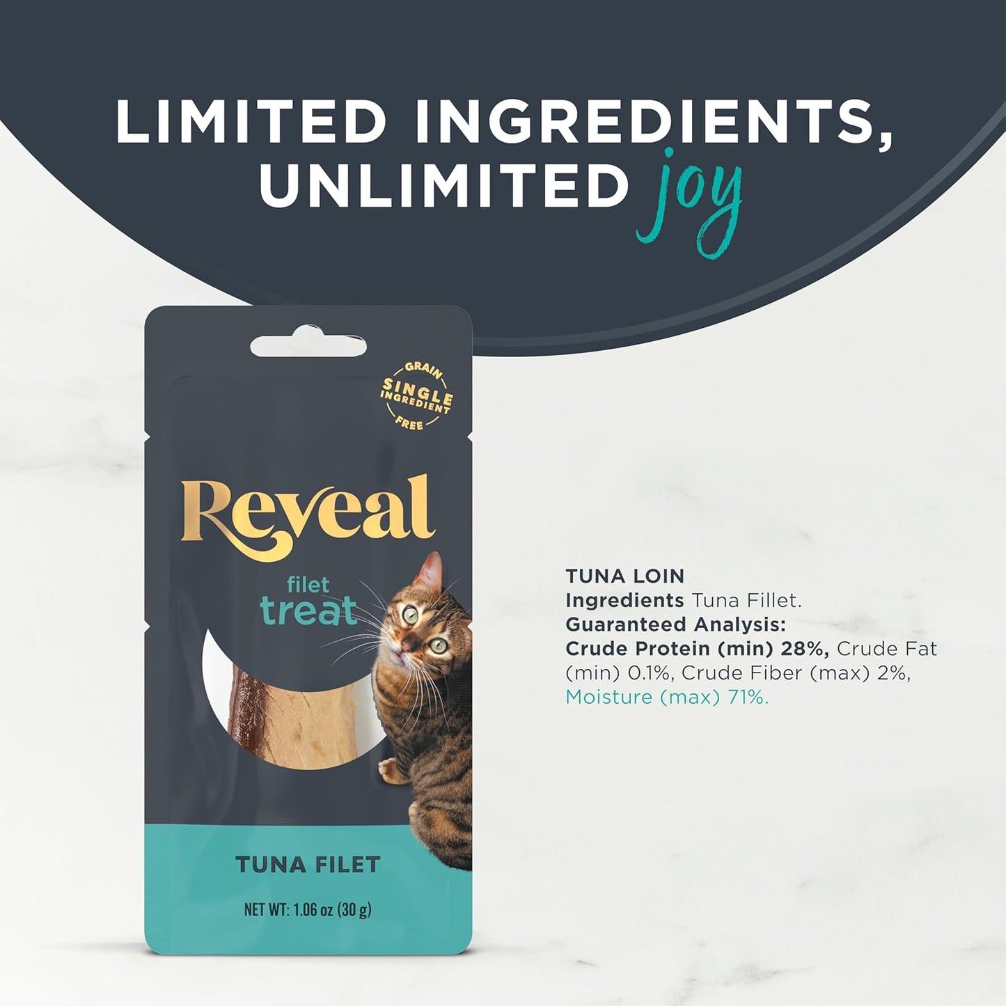 Close up of Reveal whole tuna loin cat treat texture
