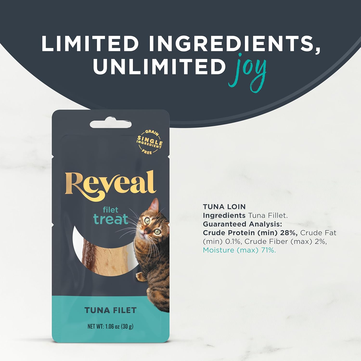 Close up of Reveal whole tuna loin cat treat texture