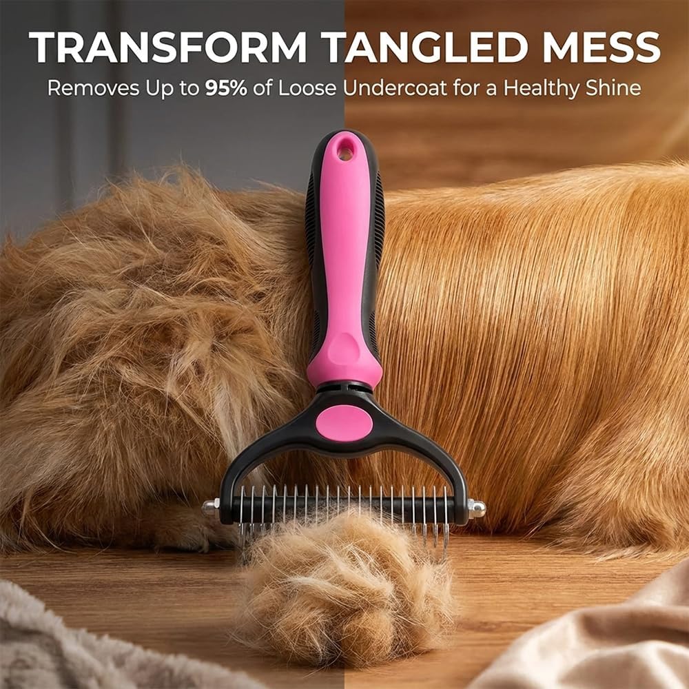 Pet grooming rake side view showing ergonomic handle
