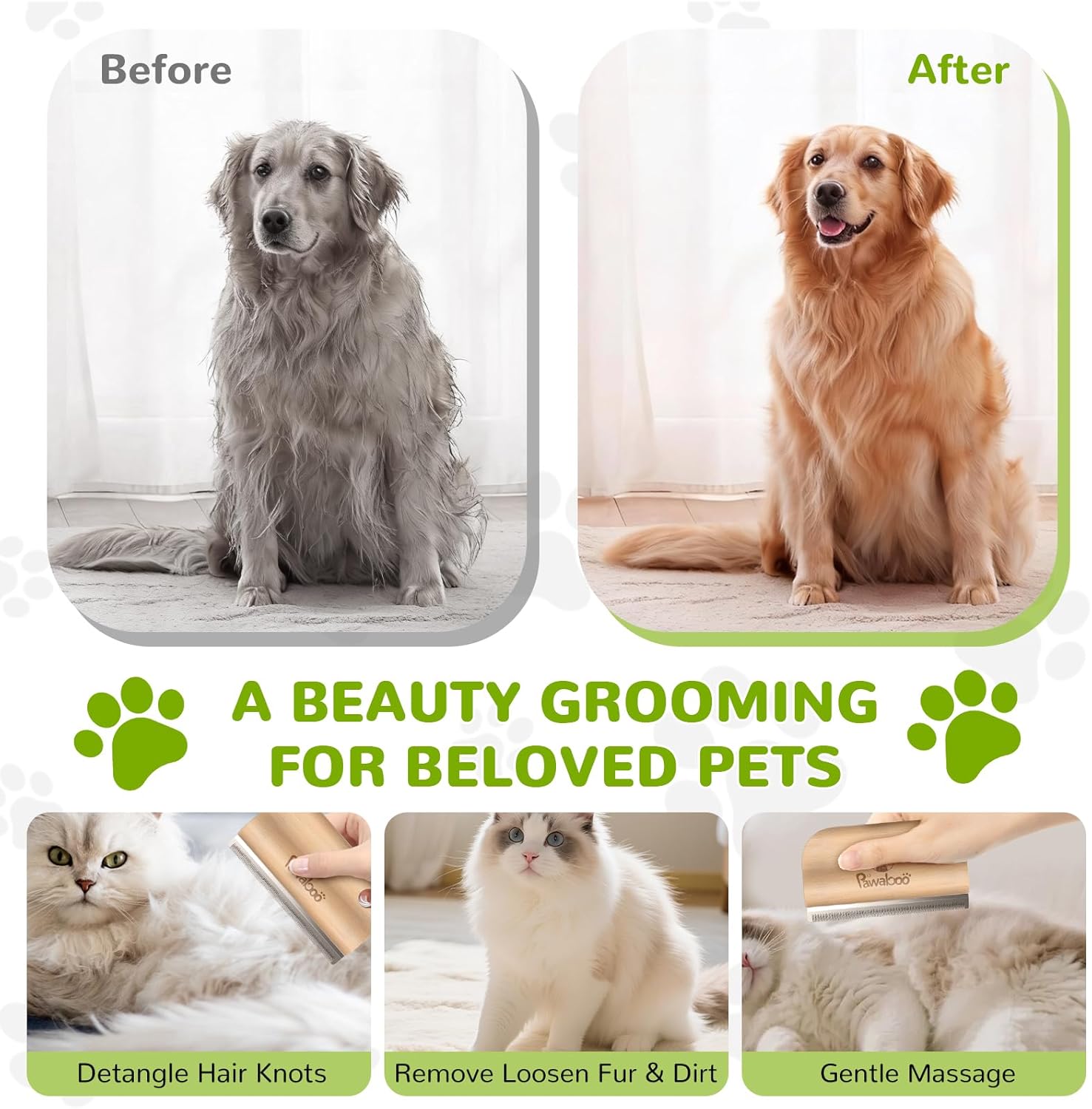 Water resistant Pawaboo dog hair removal brush being rinsed under a tap to clean accumulated hair.