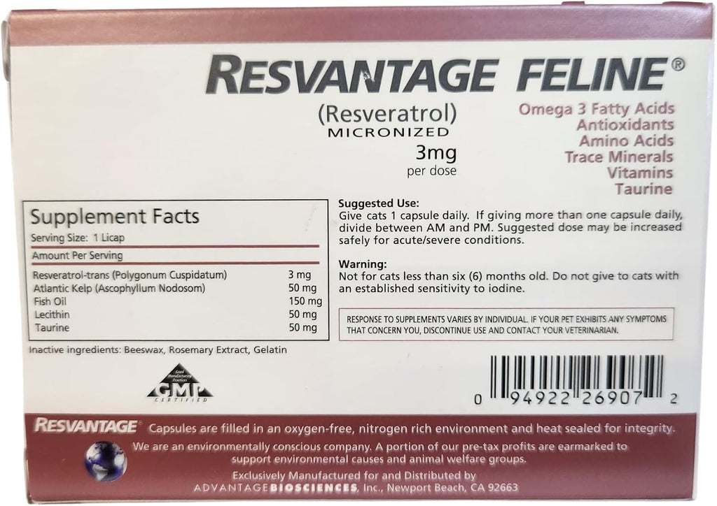 Resvantage Feline nutritional supplement packaging details